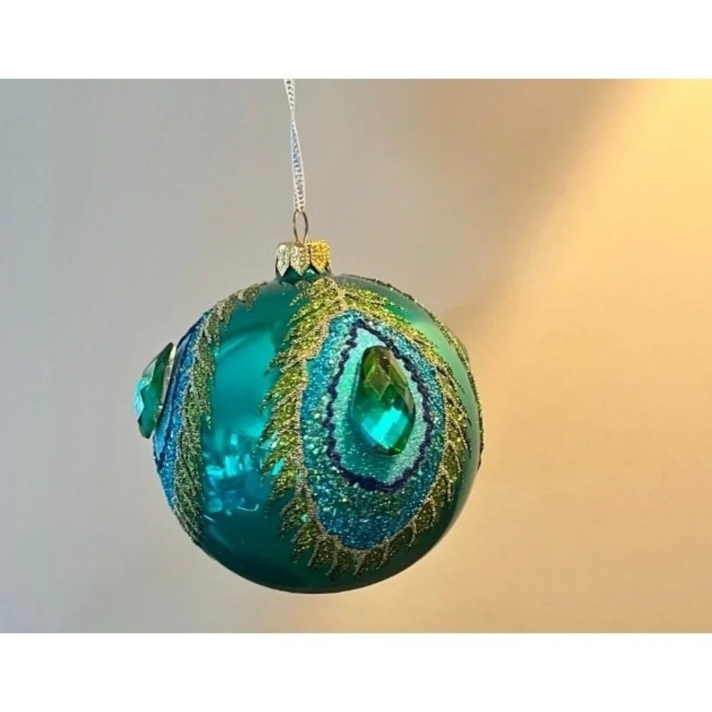 Teal Peacock Feather Glass Christmas Ornament Jeweled Glitter 4.5